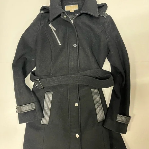 Michael Kors Long Women's Wool Pea Coat Silver Details Size XS Color Black - Picture 2 of 11